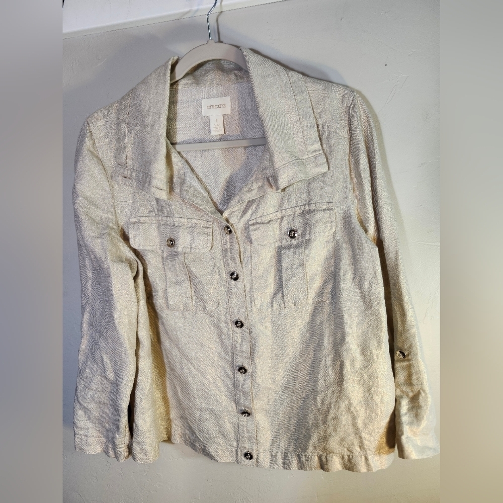 Chicos Linen Beigh with Gold Sheen Button-Up Jacket Sz 1/L